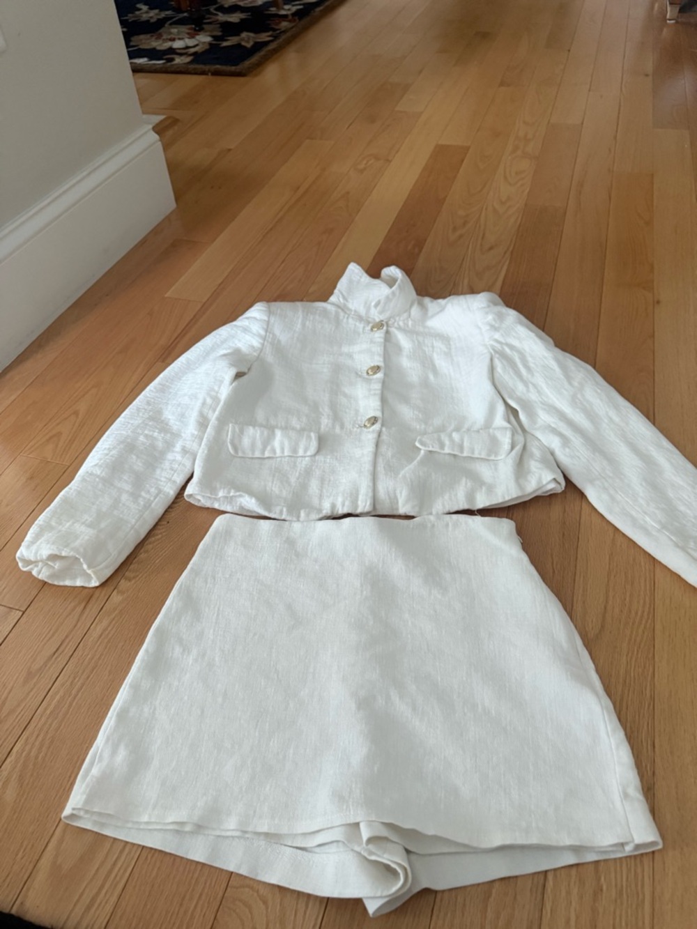 Zara White Textured Cropped Jacket & Skort Set